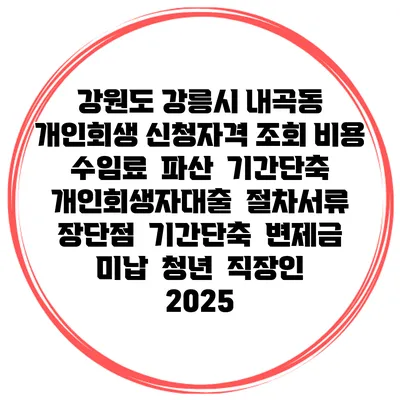 강원도 강릉시 내곡동 개인회생 신청자격 조회 비용 수임료 | 파산 | 기간단축 | 개인회생자대출 | 절차서류 | 장단점 | 기간단축 | 변제금 미납 | 청년 | 직장인 2025