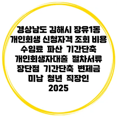 경상남도 김해시 장유1동 개인회생 신청자격 조회 비용 수임료 | 파산 | 기간단축 | 개인회생자대출 | 절차서류 | 장단점 | 기간단축 | 변제금 미납 | 청년 | 직장인 2025