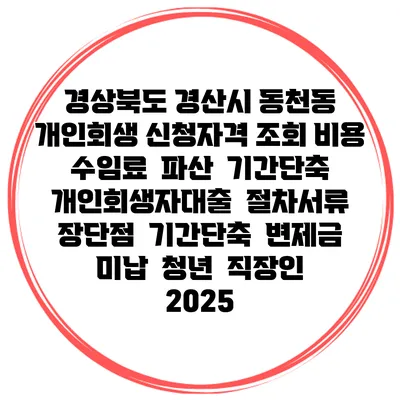 경상북도 경산시 동천동 개인회생 신청자격 조회 비용 수임료 | 파산 | 기간단축 | 개인회생자대출 | 절차서류 | 장단점 | 기간단축 | 변제금 미납 | 청년 | 직장인 2025