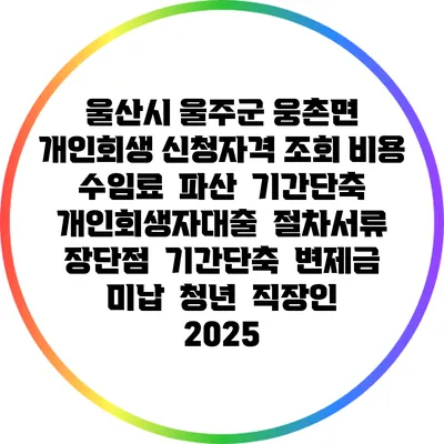 울산시 울주군 웅촌면 개인회생 신청자격 조회 비용 수임료 | 파산 | 기간단축 | 개인회생자대출 | 절차서류 | 장단점 | 기간단축 | 변제금 미납 | 청년 | 직장인 2025